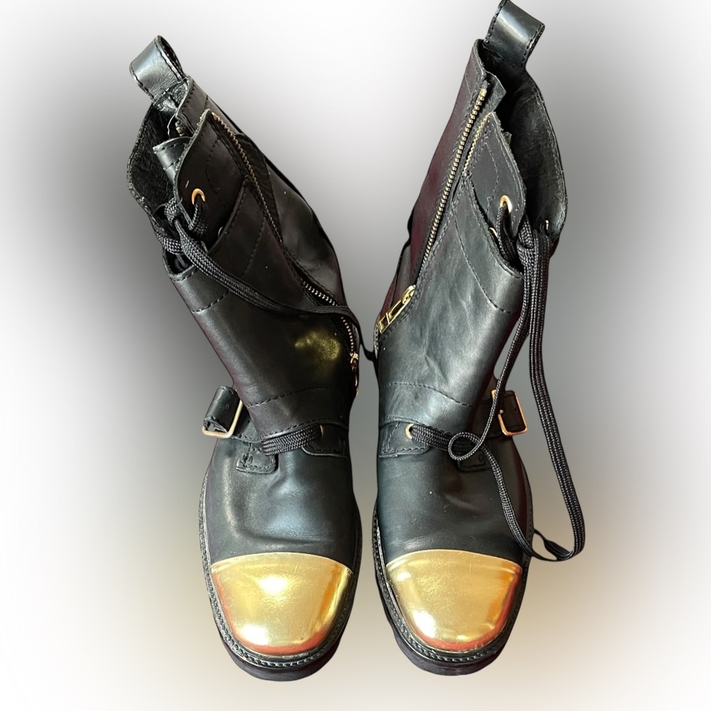 ZADIG & VOLTAIRE Zag Gold Toe Biker Leather Combat Boots in Black Sz 8.5 US